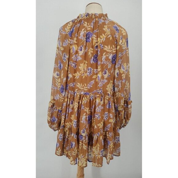 Altar'd State Dress Womens S Brown Floral Tiered Peasant Sleeve Mini Boho Puff - Picture 6 of 10